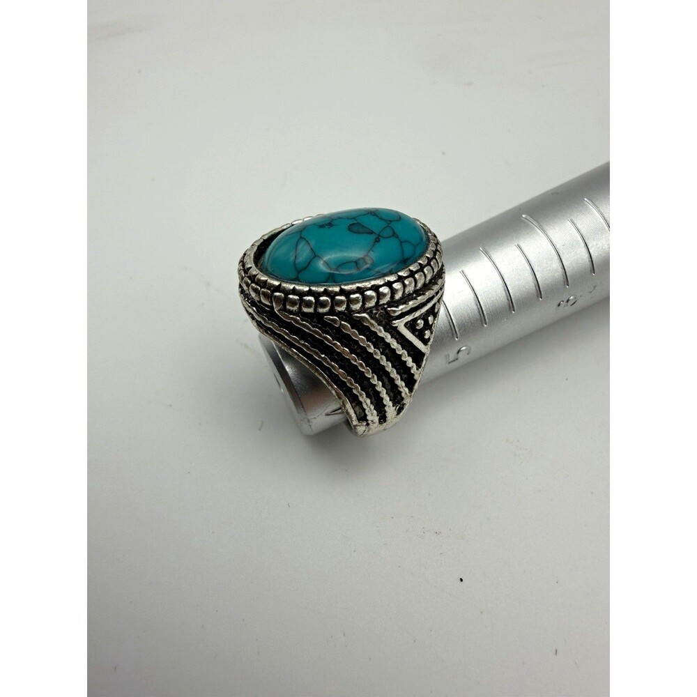 Silver Tone Metal Cocktail Ring with Oval Blue Turquoise Stone